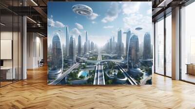 Futuristic smart city with towering buildings, smart transportation and drones, autonomous driving, high green coverage, multifunctional public spaces, intelligent facilities. Wall mural