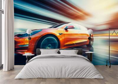 Futuristic sports car on highway, powerful acceleration of a supercar on a day track with motion blur lights and trails Wall mural