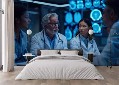 Group of healthcare professionals discussing patient treatment plan in a conference room, medical team meeting, collaborative care, modern healthcare setting Wall mural