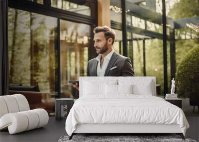 Handsome real estate agent wearing suit, giving tour through luxury home, concept of investing and home ownership Wall mural