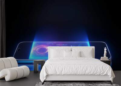 Hologram 3D futuristic mobile phone. Abstract digital user interface technology. Smartphone hangs in the air. Realistic phone with blank screen. Smartphone perspective view with blank screen Wall mural