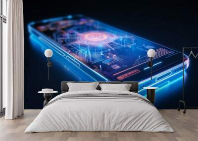 Hologram 3D futuristic mobile phone. Abstract digital user interface technology. Smartphone hangs in the air. Realistic phone with blank screen. Smartphone perspective view with blank screen Wall mural