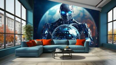 Humanoid cyborg robot with planet earth, concept of artificial intelligence and advanced technology taking over, ai Wall mural