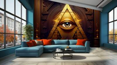 Illuminati logo, all seeing eye symbol on pyramid, concept of masonic secret societies, conspiracys and ruling the world Wall mural