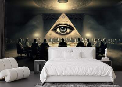 Illuminati meeting, all seeing eye pyramid, concept of secret societies, elite rulers, occultism and masonic conspiracies Wall mural