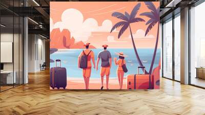 Illustration of a family going on a holiday trip to a tropical island in summer. Concept of travel and tourism promotion and advertisement. Wall mural