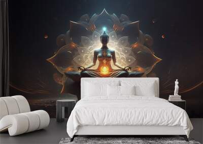 Illustration of human meditating, spirituality, astral body with light rays and chakra activation, mystical spirit Wall mural