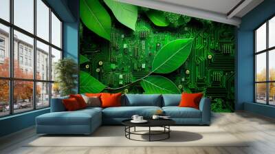 Illustration of motherboard or cicruit board covered with leaves roots and plants, concept of sustainable development and green energy ecology. Wall mural