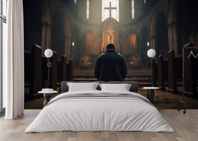 Male praying inside of christian church, concept of religion faith and christianity Wall mural