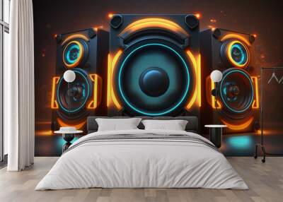 Music speaker or subwoofer in studio background with smoke and neon glow, night club or dance festival, advertisement style. Wall mural