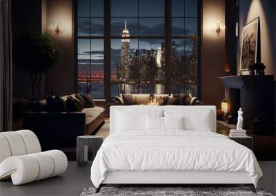 Penthouse Living Room, Luxury Apartment with Skyline City View, Generative ai Wall mural