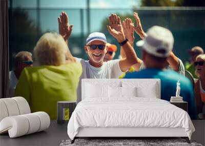 Pickleball or paddle sports senior players high-fiving after a successful point in the summer daytime Wall mural