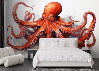 Red octopus swimming in ocean with large tentacles Wall mural