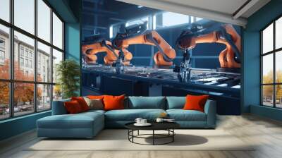 Robot arm working in assembly line industry. manufacturing factory, automatization with advanced technology and artificial intelligence Wall mural