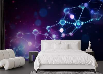 Science equipment, chemical bonding, molecule, DNA helix connections. Dark blue neon background banner, wallpaper or header. Wall mural