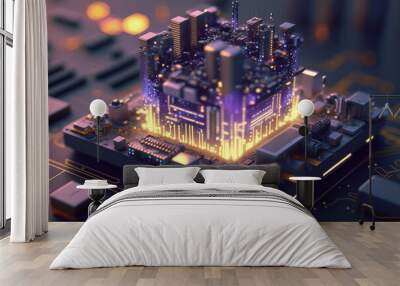 Smart city on circuit board, concept for future technology, internet of things smart grid, generative ai Wall mural