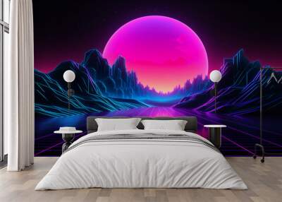 Synthwave retro cyberpunk style landscape background banner or wallpaper. Bright neon pink and purple colors. Wall mural