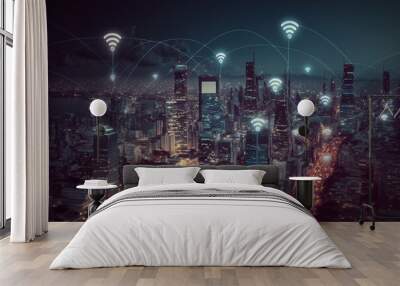 Telecommunication connections above smart city. Futuristic cityscape concept for internet of things (IoT), fintech, blockchain, 5G network, wifi hotspot access, cyber security, digital technology, AI Wall mural