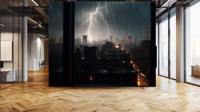 Thunderstorm and rain in city, background skyline with building and skyscrapers. Wall mural