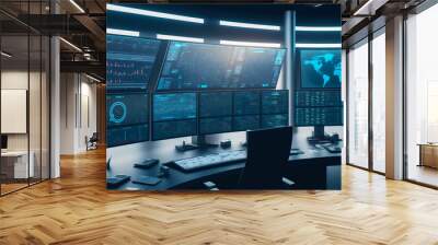 Trader doing analysis and trading behind multiple screens showing charts and statistics. Stock, crypto or forex financial market. Wall mural