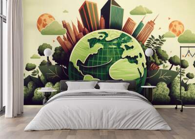 World earth day green environment with plants and trees. Concept of sustainable development ecology and green energy. Wall mural