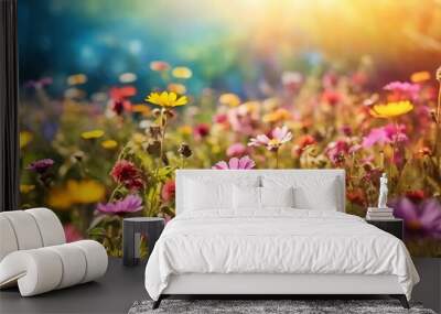 Colorful flower meadow with sunbeams and bokeh lights in summer - nature background banner with copy space - summer greeting card wildflowers spring concept  Wall mural