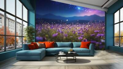 Wild flower field in the  night magical lights. Summer meadow. Fantastical fantasy background of magical purple dark night sky with shining bokeh lights copy space Wall mural