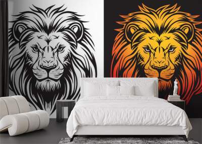 Front view lion face vector image on dark background. Lion head line art sticker and logo template. Wall mural