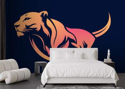 Lioness body logo template design line art vector illustration isolated on dark background. Female lion brand identity logotype design. Wall mural