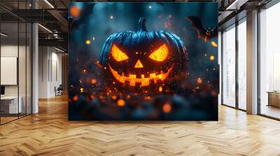 A jack-o'-lantern with glowing eyes, surrounded by bats and sparks. Wall mural