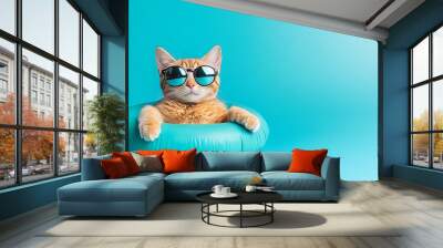 Cat wearing sunglasses relaxing on blue air mattress on blue background,space for text Wall mural