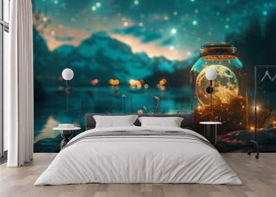 miniature landscape, photorealistic shining moon in a bottle with mystical fairy lights, Aurora Borealis in the background Wall mural