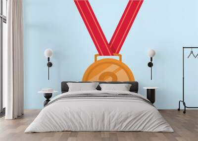 championship medal with red necklace, 3rd place bronze in flat style Wall mural