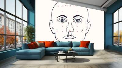 Face (profile) acupuncture scheme with red points, hand drawn doodle, sketch in pop art style, black and white medical vector illustration Wall mural