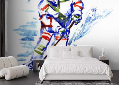 Hockey player with stick and puck, isolated  hand painted watercolor illustration  Wall mural