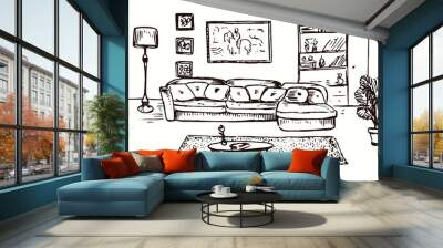 Living room interior with sofa, hand drawn doodle, drawing in gravure style, sketch illustration Wall mural