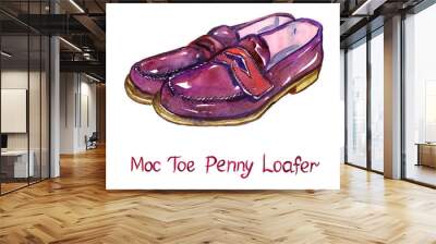 Red leather moc toe penny loafer, isolated with inscription, hand painted watercolor illustration Wall mural