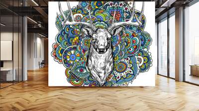  Horned deer with colored ornament.  Wall mural