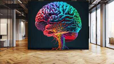 Colorful and vibrant brain illustration with rainbow colors on a dark background Wall mural