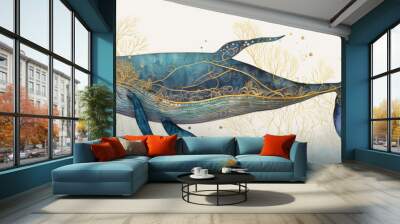 Colorful blue whale porpoise illustration in ocean with elaborate gold patterns covering skin and background, ai. Wall mural