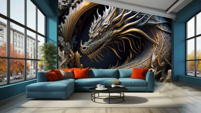 Metal bronze dragon with horns and coiled 3d and a metal texture illustration, ai. Wall mural