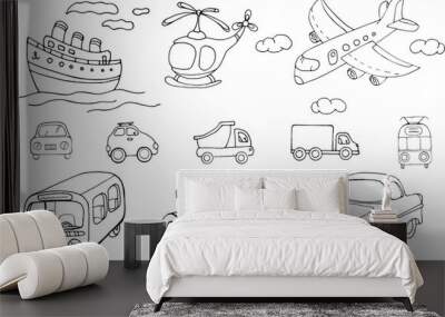 Vector set of transports. Cartoon monochrome isolated objects on a white background. Linear hand drawn illustration. Wall mural