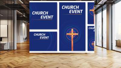 Vector set of blank banner Cross Church event Colorful abstract circles blue background Wall mural