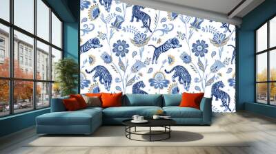 Blue nordic tigers and abstract folk flowers and leaves. Vector seamless pattern Wall mural