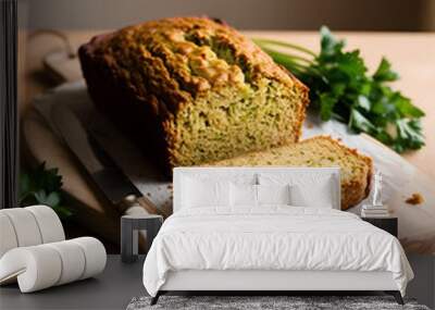 freshly baked zucchini bread on a wooden board. photo for recipe Wall mural