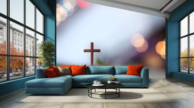 Bright light background with bible and crucifixion of Jesus Christ and light bokeh background Wall mural