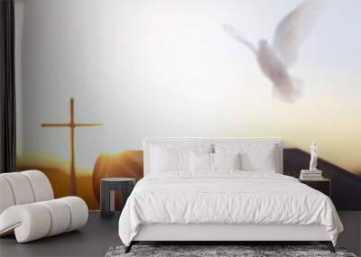 Bright sunlight and white dove and holy bible and cross silhouette of Jesus Christ
 Wall mural