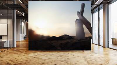 Hill of Golgotha Red sky and bright light Jesus carrying the cross during Passion Week symbolizing pain and sacrifice death and resurrection
 Wall mural