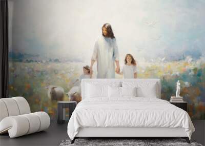 Illustration of Jesus Christ and sheep and happy children walking in a peaceful and beautiful flower field, oil painting on canvas, Generative AI
 Wall mural