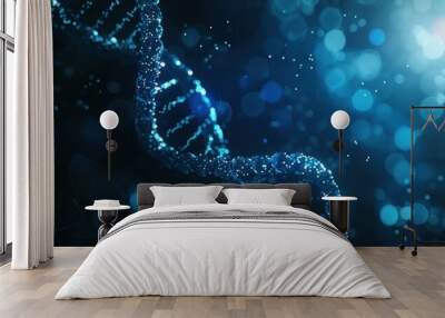 3d rendering illustration DNA gene helix neon glowing molecule on blue background. Generated AI Wall mural